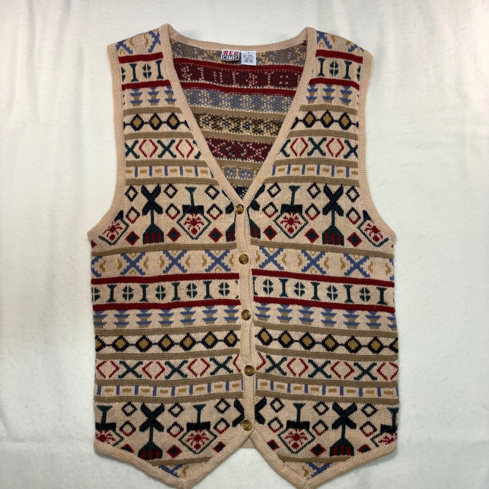 Red Camel Vintage Geometric Southwestern Knit Sweater Vest Tan Mens Medium